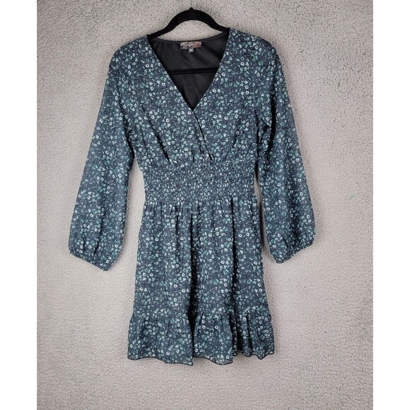 J Gee Dress Womens PM Green Floral V-Neck Smocked Cottagecore Ruffle - Picture 1 of 13